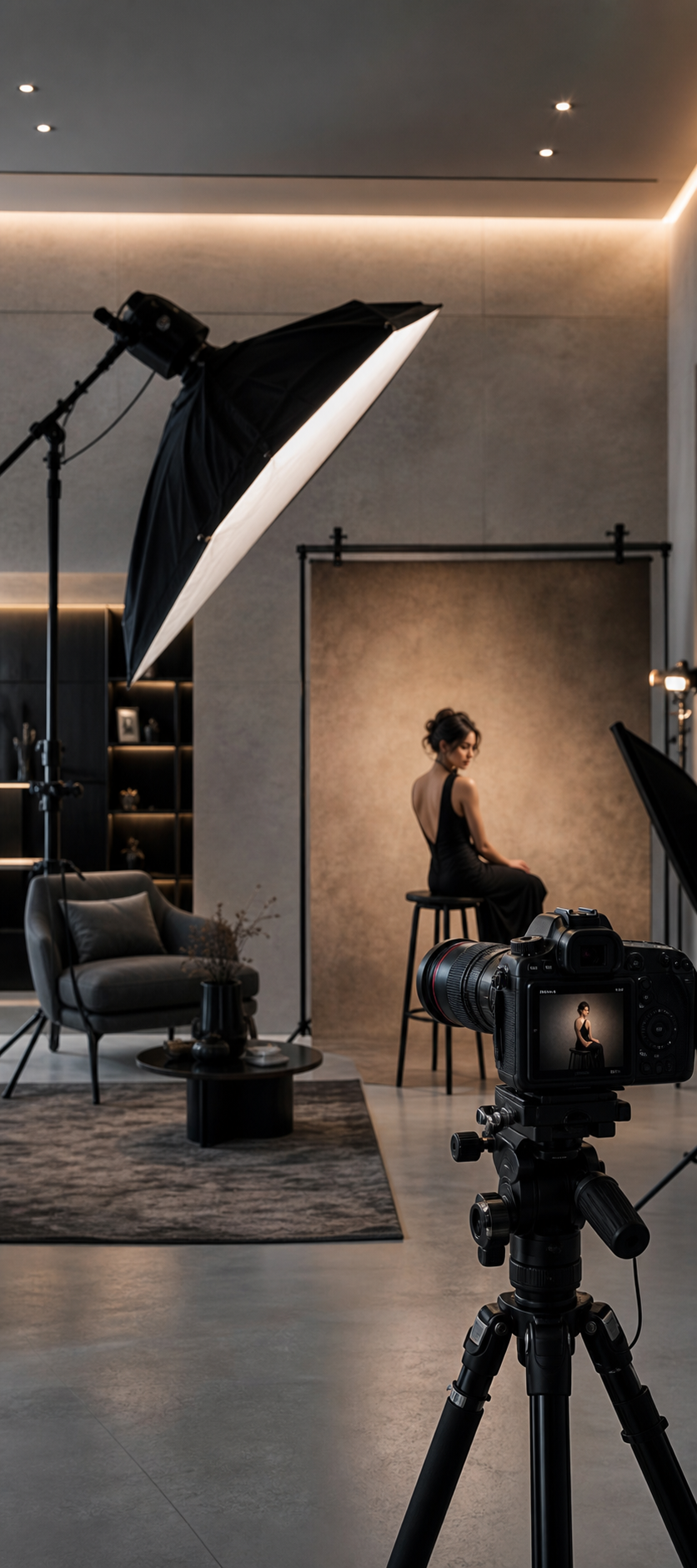 Luxury photography studio with professional camera and soft lighting